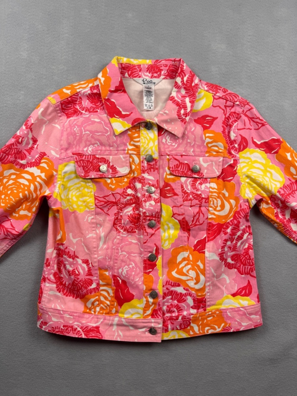 Lilly Pulitzer Floral Denim Jacket Size 2 Seaspray Blazer Pink Yellow Floral